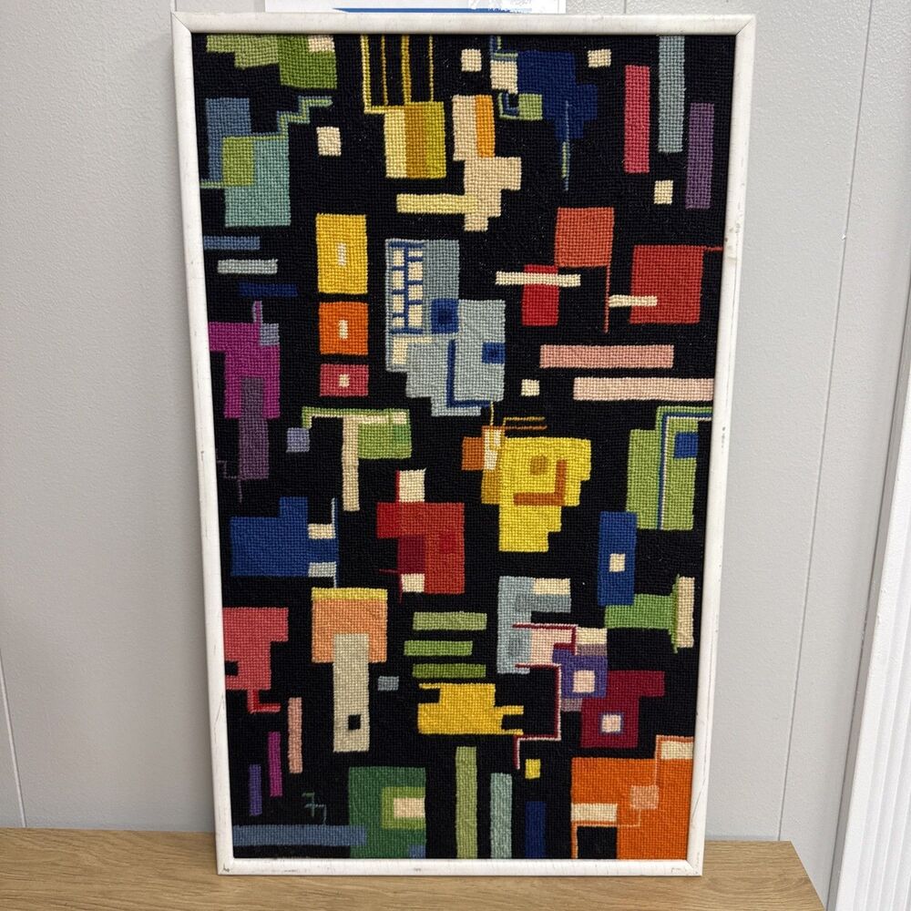 Mid Century Modern Abstract Needlepoint Wall Art 16x27 Framed Geometric Textile